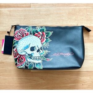 Ed Hardy Black Skull Rose Crystal Embellished Cosmetic Bag/Pouch